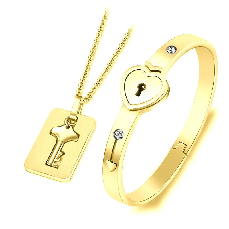 Lock Key Necklace + Bracelet Couple Sets