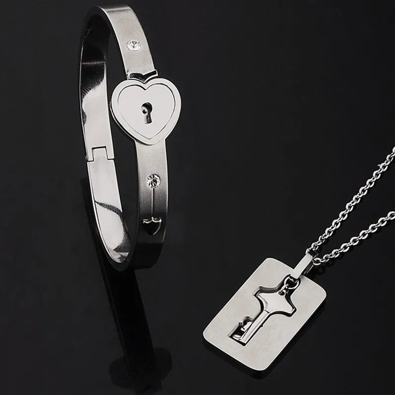 Lock Key Necklace + Bracelet Couple Sets